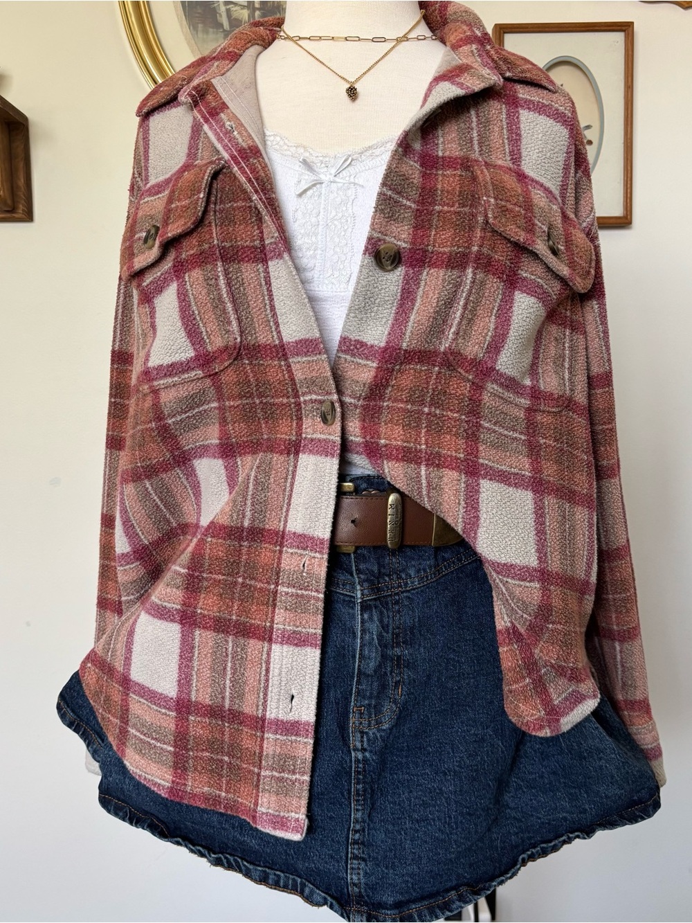 American Eagle Outfitters Pink and Cream Plaid Button-Up Shacket